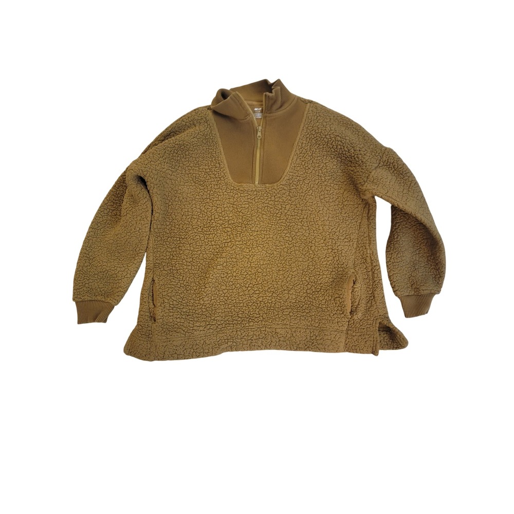 Aerie Women Camel Brown Sherpa Quarter Zip Fleece Pullover Sweatshirt Small